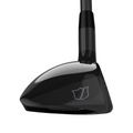 A close-up of the Wilson 2025 Dynapwr Hybrid | Left Handed golf club head by Wilson shows its polished black finish, shield logo, and partially visible shaft, emphasizing the club’s advanced AI face technology.