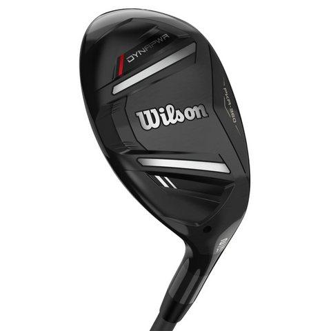 Close-up of the black Wilson 2025 Dynapwr Hybrid | Left Handed golf club head, featuring red, white, and silver accents and clear brand details—ideal for golfers seeking a high-performing left-handed hybrid.