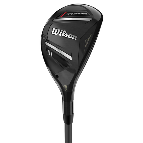 The Wilson 2025 Dynapwr Hybrid | Left Handed by Wilson features a sleek black design with silver accents and a 2, 17° clubhead, plus advanced AI face technology for enhanced performance.