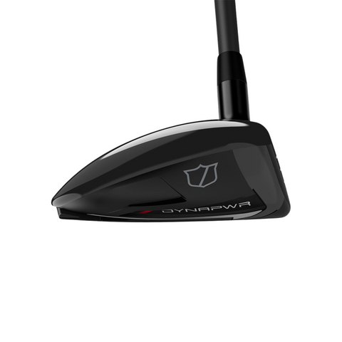 A close-up side view of the Wilson 2025 Dynapwr Max Fairway Wood club head with “DYNAPWR” and a shield logo, designed by Wilson for maximum forgiveness and explosive distance, shown against a plain white background.