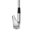 A close-up of the Wilson 2025 Dynapwr Max Womens Graphite Irons Set club head, viewed from the toe with the shaft extending upward, highlighting its shiny silver finish on a white background.