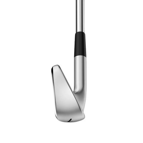 A close-up of the Wilson 2025 Dynapwr Max Women's Graphite Irons Set club head, viewed from the toe with the shaft extending upward, highlighting its shiny silver finish on a white background.
