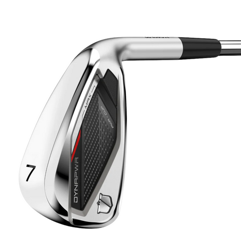 A close-up of a Wilson 2025 Dynapwr Max Women's Graphite Irons 7-iron shows its shiny silver head with black and red accents and a textured back design.