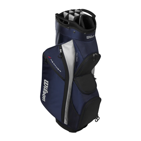 The Wilson 2025 Feather Cart Bag by Wilson, shown in navy blue and black with a silver stripe, multiple zippered pockets, and a top handle, is a lightweight option for your next round—displayed on a white background.