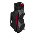 The Wilson 2025 Feather Cart Bag by Wilson is a black and gray lightweight cart bag, featuring multiple zippered pockets, a red accent zipper, and the white Wilson logo on the side—perfect for easy transport.