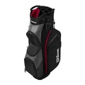 The Wilson 2025 Feather Cart Bag is a lightweight black and gray golf bag with a red interior, multiple zippered pockets, top handle, dividers for club organization, and white Wilson branding on the side.