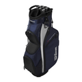 The Wilson 2025 Feather Cart Bag is a navy blue and black lightweight cart bag with multiple zippered pockets, a padded top for club protection, and features the Wilson logo in white—ideal for any golf cart bag setup.