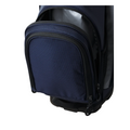 Close-up of the Wilson 2025 Feather Stand Bag by Wilson in navy blue and black, featuring black zippers, gray mesh side panels, and an open front zippered pocket showing a roomy compartment.