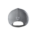 The Wilson 2025 Golf Performance Cap, shown from the rear in gray mesh, features an adjustable snap closure and a small white embroidered shield logo above the opening—making it a lightweight, breathable choice for golfers.