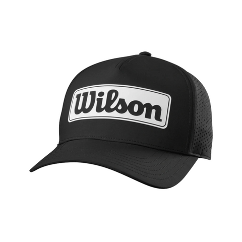 The Wilson 2025 Golf Performance Cap is a black mesh baseball hat with a curved bill and a large front patch showing “Wilson” in bold black letters for breathable style on the course.