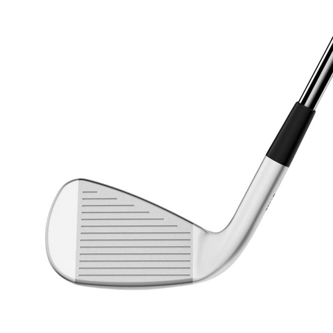 A close-up of the Wilson 2025 Men's Dynapwr Steel Irons Set club head shows its grooved face, polished steel shaft, and forgiving cavity back design, all set against a white background.