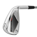 A close-up of the Wilson 2025 Men's Dynapwr Steel Irons Set (5-PW + GW) shows a sleek, modern 7-iron golf club with DYNAPWR branding, a forgiving cavity back, and a black, red, and silver clubface. The shaft is partially visible.