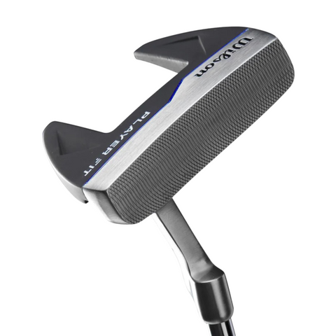 A close-up of a Wilson golf putter from the Wilson 2025 Men’s PlayerFit Golf Package Set showcases its textured face, black and silver design, and “PLAYER FIT” and “Wilson” labels on the head.