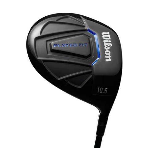 Close-up of a black Wilson 2025 Men’s PlayerFit Golf driver, featuring PLAYER FIT and 10.5 on the head, blue accents, and a glossy finish—an essential in the Wilson 2025 Men’s PlayerFit Golf Package Set.
