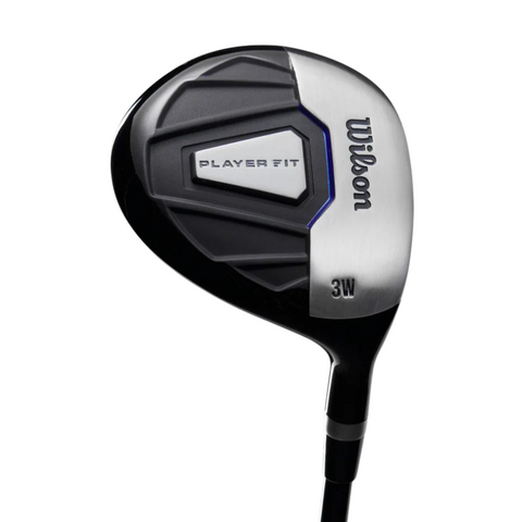 A close-up of a Wilson 3-wood club head from the Wilson 2025 Men’s PlayerFit Golf Package Set shows its silver face, black accents, and engraved PLAYER FIT and Wilson branding.