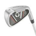 Close-up of a silver Wilson 2025 Mens Profile Platinum Package Set iron club head with PROFILE and PLATINUM text, featuring a geometric black, red, and silver design. The partially visible shaft highlights this Wilson club—perfect for beginners.