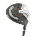 A close-up of the Wilson 2025 Mens Profile Platinum Package Set driver head features “PROFILE” and “PLATINUM” on a sleek silver and black design with red accents and a “5W” marking—perfect for new golfers seeking quality from Wilson.