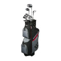 The Wilson 2025 Mens Profile Platinum Package Set by Wilson is ideal for beginners, featuring a black and gray bag with red accents, multiple pockets, and clubs organized visibly at the top.
