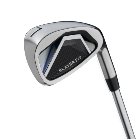 A close-up of the Wilson 2025 Men’s PlayerFit Golf Package Set – Graphite iron showcases its metallic silver finish, black accents, and number 7 detail—highlighting the forgiving design and modern style from Wilson.