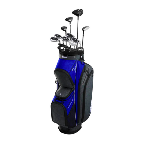 A blue and black Wilson golf bag holds the Wilson 2025 Men’s PlayerFit Golf Package Set – Graphite, featuring lightweight graphite clubs with forgiving irons, drivers, and a putter—all club heads visible above the bag.