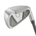 A close-up of the Wilson 2025 Ladies Profile Platinum Package Set iron shows PROFILE on the back with a green-accented geometric design. This women’s club by Wilson features lightweight graphite shafts and a sleek, modern look.