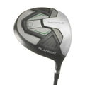 A close-up of the Wilson 2025 Ladies Profile Platinum driver head, showcasing a sleek silver and black design with geometric patterns and green accents—ideal for women’s golf clubs featuring lightweight graphite shafts.