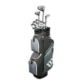 The Wilson 2025 Ladies Profile Platinum Package Set by Wilson features a black and gray golf bag with multiple zippered pockets and lightweight graphite-shaft clubs, shown upright on a white background.