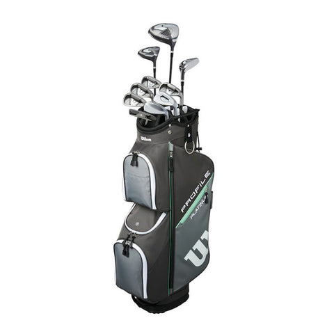 The Wilson 2025 Ladies Profile Platinum Package Set by Wilson features a black and gray golf bag with multiple zippered pockets and lightweight graphite-shaft clubs, shown upright on a white background.