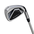 A close-up of the Wilson 2025 Women’s PlayerFit Golf Package Set shows its sleek silver and black clubhead and shaft—ideal for golfers seeking lightweight clubs from Wilson.
