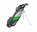 A Wilson Deep Red Junior Set (5-8 Years, Prior Generation) golf bag in gray, black, and green with junior clubs stands on extended legs against a plain white background.