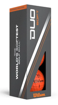 A box of Wilson Duo Soft Golf Balls - Orange - Prior Generation by Wilson shows part of two orange balls through a cutout. The packaging states: “The world’s softest golf ball.”.