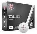 A box of Wilson Duo Soft Golf Balls – Prior Generation by Wilson, featuring a white ball labeled 1 in front. The black, white, and gray packaging with red accents showcases these soft golf balls designed for straighter shots.