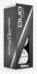 A black and silver box of Wilson Duo Soft Golf Balls - Prior Generation by Wilson is shown, labeled The World’s Softest Golf Ball, with a partially visible white ball inside—perfect for golfers seeking a soft feel and straighter shots.