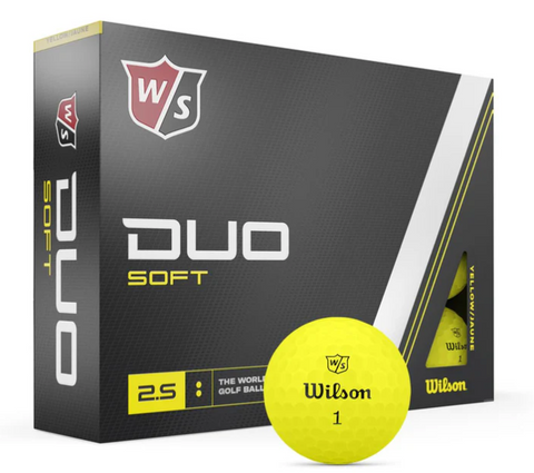 A box of Wilson Duo Soft Golf Balls - Yellow - Prior Generation by Wilson, featuring black, white, and yellow packaging with the Wilson logo and 2.5 compression indicator—ideal for high visibility on the course.