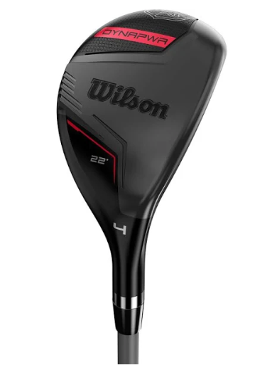 The Wilson Dynapwr Hybrid is a black 4-hybrid golf club with red accents, “DynaPower” on top, and “22°” on the front, delivering high launch and forgiveness.