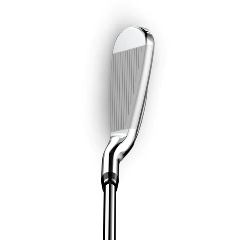 A close-up of a Wilson Dynapwer Womens Graphite Irons Set (7-PW+SW) clubhead highlights its grooved face against a plain white background. This prior generation set from Wilson is perfect for women seeking quality golf irons.