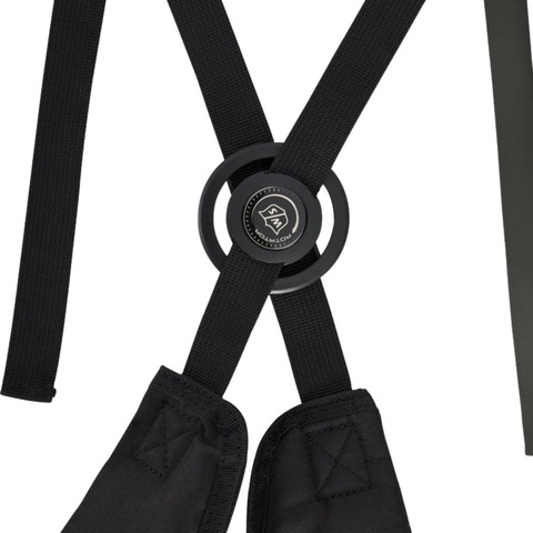 Close-up of black straps threading through a circular black ring with a central logo, attached to padded sections—part of the Wilson Exo Lite Stand Bag | Black/Charcoal, a lightweight and ergonomic golf bag from Wilson.