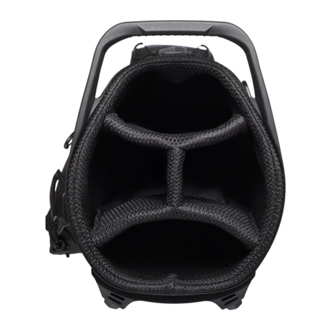 Top-down view of the Wilson Exo Lite Stand Bag in Black/Charcoal by Wilson, featuring three large padded club compartments with mesh dividers. The handle and part of a side pocket are also visible.