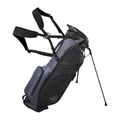 The Wilson Exo Lite Stand Bag in Black/Charcoal features dual shoulder straps, multiple zippered pockets, and two stabilizing legs—a lightweight Wilson golf bag designed for easy carrying on the course.