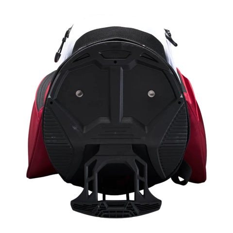 A close-up of the Wilson Exo Lite Stand Bag (Black/Red/White) by Wilson shows its sturdy, angular black base with a textured grip—ideal features for a lightweight golf bag.