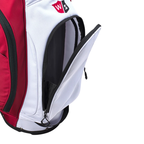 A close-up of the Wilson Exo Lite Stand Bag in Black/Red/White shows its lightweight, practical design, with a visible pocket and the black and white WS logo on the upper section.