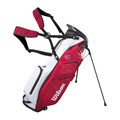The Wilson Exo Lite Stand Bag in Black/Red/White features dual padded shoulder straps, black stand legs, multiple zippered pockets, and the white Wilson logo on the side.