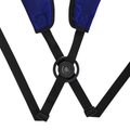 Close-up of Wilson’s Exo Lite Stand Bag (Dark Blue/Light Blue): black adjustable harness with a central plastic connector attaches to padded blue straps, providing comfortable carrying for this lightweight golf bag.