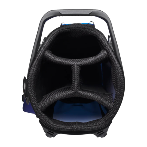 Top-down view of the Wilson Exo Lite Stand Bag in Dark Blue/Light Blue by Wilson, showcasing its lightweight build, four-compartment club organization, sturdy top handle, and modern versatility.