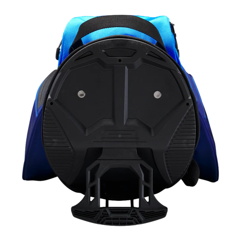 A black and blue underwater scooter viewed from the back, showing its circular propeller cover, handle, and streamlined body—reminiscent of the sleek Wilson Exo Lite Stand Bag by Wilson in Dark Blue/Light Blue—set against a white background.