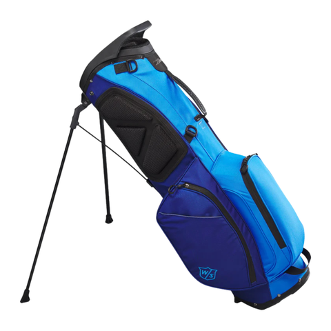 The Wilson Exo Lite Stand Bag in Dark Blue/Light Blue features a 5-way top, multiple zippered compartments, stand legs, and a shoulder strap for easy carrying—combining style and convenience on the course.