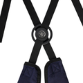 Close-up of black adjustable straps crossing through a round black connector, with stitched navy blue padding at the base of the lightweight Wilson Exo Lite Stand Bag | Navy/White by Wilson.