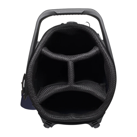 A top-down view of the Wilson Exo Lite Stand Bag | Navy/White by Wilson—a lightweight golf bag featuring four padded, separate club compartments and a sturdy top handle.