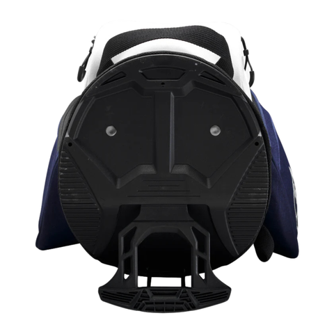 A rear view of the Wilson Exo Lite Stand Bag | Navy/White by Wilson shows a hard black plastic protective panel with geometric patterns and a built-in stand—ideal for golfers seeking a lightweight, easy-to-carry bag.