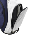 The Wilson Exo Lite Stand Bag in Navy/White by Wilson features a spacious inner pocket with a zippered compartment, ideal for walking golfers seeking a lightweight and convenient golf bag.